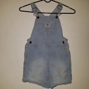 VTG OshKosh Floral Shortalls 5T Toddler Girl Shorts Overalls Blue Stripes FADING